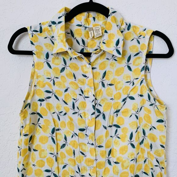 Japna Top Women M Lemon Yellow Sleeveless Button Up Tie Front Whimsy Preppy Boho - Picture 3 of 6